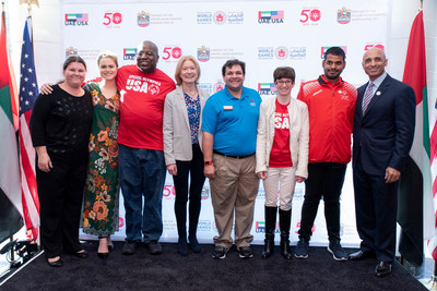 Ambassador Yousef Al Otaiba [far right], Mary Davis, Special Olympics Chief Executive Officer [4th from left], US and UAE athletes celebrate UAE's 47th National Day at an event honoring Emirati and American Special Olympics athletes who will compete at the Special Olympics World Games Abu Dhabi in March 2019.