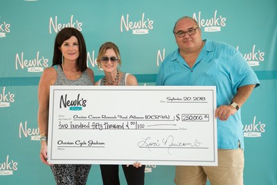 Lori Newcomb, Newk's Cares co-founder with Audra Moran, President & CEO of Ovarian Cancer Research Alliance and Chris Newcomb, Newk's Cares co-founder