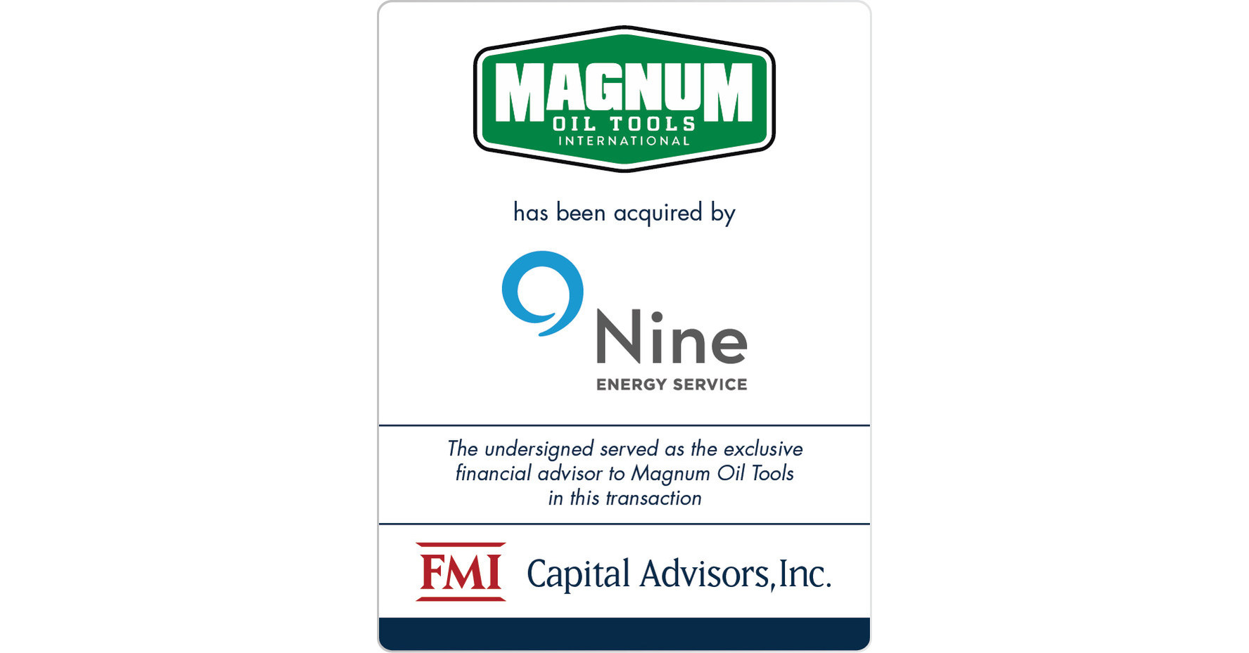 FMI Advises Magnum Oil Tools International in Sale to Nine Energy Service