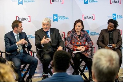 "The Dallaire Initiative is a pioneer in the work of preventing the recruitment and use of child soldiers and a permanent presence in Rwanda will strengthen their effectiveness," says Charles Brindamour, Intact's CEO. From L-R: Charles Brindamour, Intact's CEO, LGen (ret'd) Romo Dallaire, Executive Director of the Dallaire Initiative Dr. Shelly Whitman and global advocate for children and Dallaire Initiative Advisor Ishmael Beah. Photo credit: Greg Kessler. (CNW Group/Intact Financial Corporation)