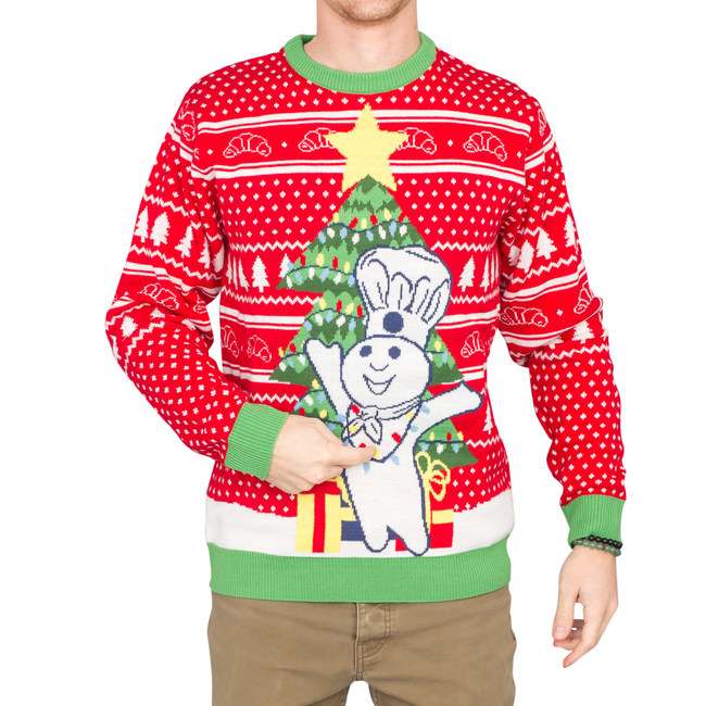 Rock the Doughboy in this themed sweater. Gifts, twinkling lights and a perfectly decorated tree stand out against the traditional Christmas color scheme of this design. Produced in partnership with UglyChristmasSweater.com