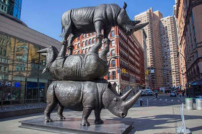 The largest rhino sculpture in the world, The Last Three, shown here in New York, will make its way to its new home at San Antonio Zoo in early 2019.
