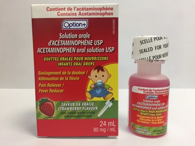 Option+ Acetaminophen infant oral drops USP (80 mg/mL), strawberry flavour 24 mL bottle (CNW Group/Health Canada)