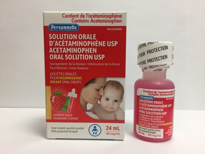 Personnelle Gouttes orales d’acétaminophène USP pour nourrissons (80 mg/mL), saveur de fraise - Bouteille de 24 mL (Groupe CNW/Santé Canada)
