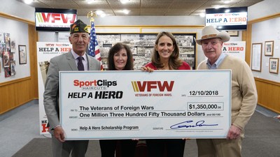Sport Clips Haircuts just donated $1.35 million to the VFW for Help A Hero Scholarships for veterans. Pictured at the check presentation (l to r) B.J. Lawrence, VFW  Commander-in-Chief; Martha England, Sport Clips Haircuts vice president of marketing; Amanda Palm, Sport Clips Haircuts communications manager; and Gordon Logan, USAF veteran and Sport Clips Haircuts founder and CEO.