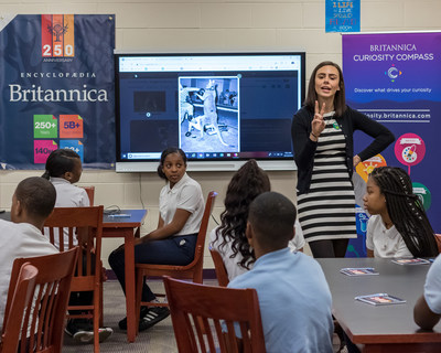Encyclopaedia Britannica’s professional development specialist Kelli Johns conducts a Curiosity Compass workshop for students at the Barack Obama Learning Academy in Markham, Ill.