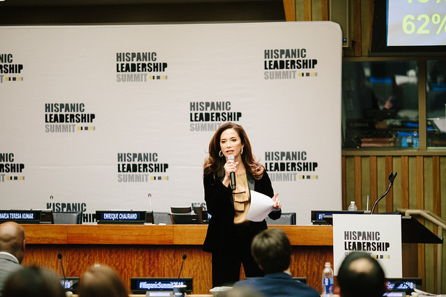 Claudia Romo Edelman speaking at the first Hispanic Leadership Summit at the UN on December 10, 2018