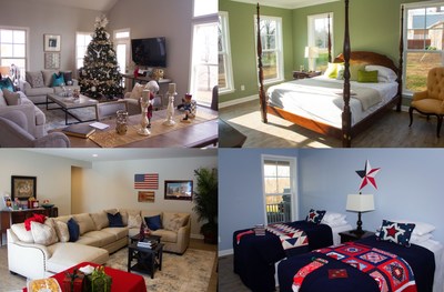 Top Left to Right: PenFed Foundation Home living room, master bedroom. Bottom Left to Right: Recreation room, kids' bedroom.