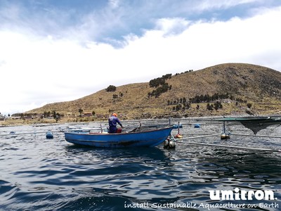 A Peruvian farmer checks his fish via boat, similar boat trips and manual feeding operations will be reduced when using Umitron's automated feeding technology. (PRNewsfoto/Umitron)