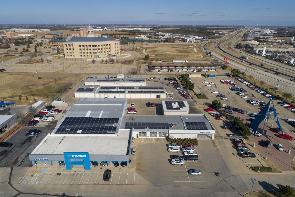 Lakeside Chevrolet in Rockwall, Texas, a long-time community leader, has become the first auto dealership in this booming suburb to deploy solar power to generate clean, renewable electricity. Dallas-based Sunfinity Renewable Energy designed and installed the 588-panel system, which is estimated to save more than $500,000 in utility bills.