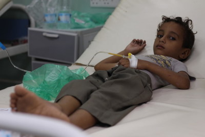 On 1 October 2018 in Al Marawi'ah District, Hudaydah Governorate, Yemen, Firas Ibrahim Rahimi is treated for a suspected case of cholera at Kamaran Hospital.  UNICEF/UN0240907/Saeed (CNW Group/UNICEF Canada)