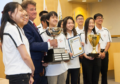 Winning team from Troy High School pictured left to right: Kanin Liang, Jennifer Ho, Mayor Doug Chaffee, Jino Si rivatanarat, Charissa Kim, Brandon Shin, Ha Young Kong, Silas Shen. Not visible are Jared Flores, David Lee, Minh Khoa Nguyen and Nicole Wong presenting the 2018 Orange County California Mayors Cyber Cup to Mayor of Fullerton Doug Chaffee