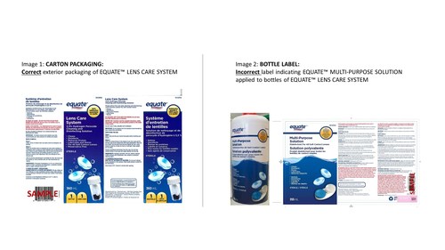 Image 1: CARTON PACKAGING: Correct exterior packaging of EQUATE™ LENS CARE SYSTEM; Image 2: BOTTLE LABEL: Incorrect label indicating EQUATE™ MULTI-PURPOSE SOLUTION applied to bottles of EQUATE™ LENS CARE SYSTEM (CNW Group/Teva Canada Limited)