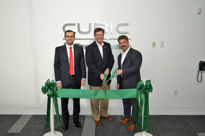 Cubic CFO Anshooman Aga, Sugar Land Mayor Joe Zimmerman and Trafficware General Manager Jon Newhard celebrate Trafficware's expansion with ribbon cutting ceremony.