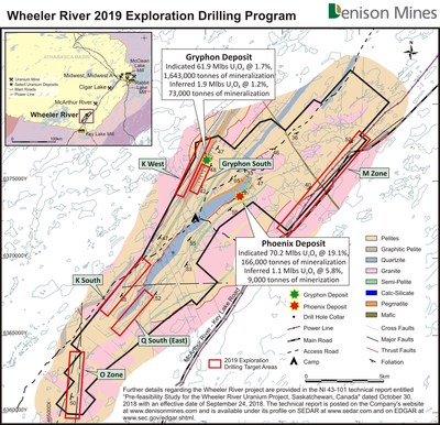 Figure 2: Location of the high priority regional target areas planned for exploration drill testing in 2019,  shown on the Wheeler River basement geology map. (CNW Group/Denison Mines Corp.)