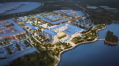 An aerial rendering of Katy Boardwalk District, a new lakefront destination in Katy, Texas featuring the area's first full-service conference center hotel, first-to-market entertainment concepts, luxury loft residences and a 90-acre nature preserve