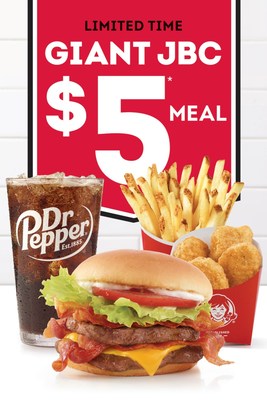 Wendy’s Giant Jr. Bacon Cheeseburger $5 meal deal is back. Fans can get the Giant JBC, 4-piece chicken nuggets, small fries and a small drink – all for $5. That’s a pretty giant deal for a very junior price.