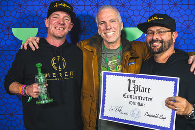 Herer Group partners Latif Horst (left) and Dan Herer (right) pose with The Emerald Cup founder Tim Blake at the 15th annual awards ceremony.