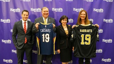 New Orleans Saints and Pelicans Select Harrah’s New Orleans As First Official Casino Partner (Pictured left to right: Caesars Entertainment Chief Experience Officer Michael Marino, New Orleans Saints and Pelicans President Dennis Lauscha, New Orleans Saints and Pelicans Owner Gayle Benson, and Harrah’s New Orleans Assistant General Manager Kathryn Jenkins)