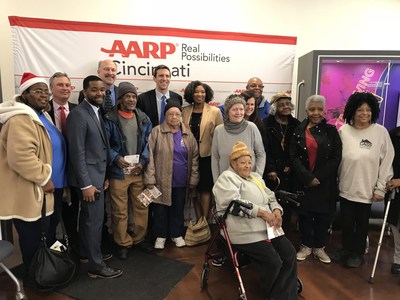 Cincinnati announced as latest member of AARP Network of Age-Friendly States & Communities. Pictured with Cincinnati residents are Cincinnati City Council Member P. G. Sittenfeld, AARP Ohio Associate State Director Nicole Ware, Jock Pitts, CEO of People Working Cooperatively, Cincinnati City Manager Patrick Duhaney and Jon Lawniczak, Cincinnati Chief Advocacy Officer of Aging & Accessibility.