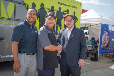 Brian Cowart, Chief Development Officer of the DAV with Larry Cantu, who served 20 years in the Army and is the Sr. Vice Commander of the local DAV chapter #45, and Jay Kim, Vice President of Corporate Strategy of Hankook Tire, at the Hankook-DAV MSO Stop at Gateway Tire & Service Center in Clarksville, Tenn.