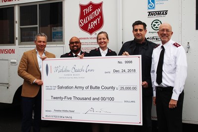 Check for Salvation Army from Malibu Beach Inn, Carbon Beach, Malibu, CA. $25,000 donation by Malibu Beach Inn for wildfire relief efforts.
