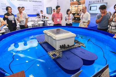 Based upon the post-show report 2018, the primary requested products are devices with IoT technology. The picture displays an on-site simulated fish pond at the exhibition that shows the working process and data collection from Blutech’s smart products.