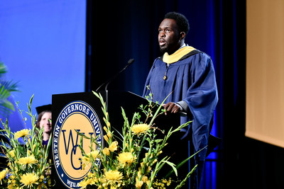 Graduate Rashaan Green speaking at the WGU Master's Commencement Ceremony in Orlando, Florida.