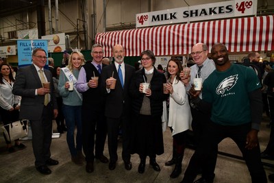 (From L to R): Dave Smith, Executive Director of PA Dairymen's Association, Miss Pennsylvania Kayla Repasky, PA Secretary of Agriculture Russell Redding, PA Governor Tom Wolf, First Lady Frances Wolf, Feeding Pennsylvania Executive Director Jane Clements-Smith, American Dairy North East CEO Rick Naczi, former Philadelphia Eagles player Jason Avant