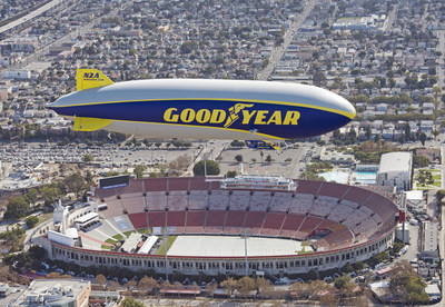 The iconic Goodyear Blimp is being inducted as an honorary member of the College Football Hall of Fame. For players and fans, the blimp has come to signify the magnitude of games and the superior performances that take place on the field. Here, the blimp flies over the Los Angeles Coliseum in 2017.