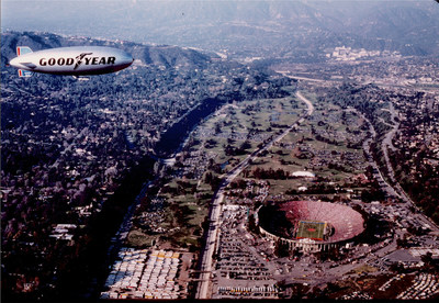 To celebrate its 64-year legacy in the sport, the National Football Foundation and College Hall of Fame will induct the Goodyear Blimp as an honorary member of the College Football Hall of Fame. The blimp has provided aerial coverage for college football's biggest contests dating back to the 1955 Rose Bowl. Here, it flies over the 1976 Rose Bowl in Pasadena, California.