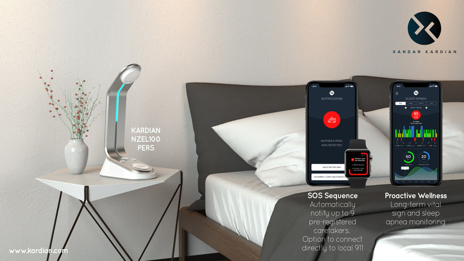 Xandar Kardian NZEL100 PERS home IOT device with IR-UWB RADAR for non-contact vital sign and sleep apnea monitoring. Launching at CES 2019, booth 45449 SANDS EXPO.