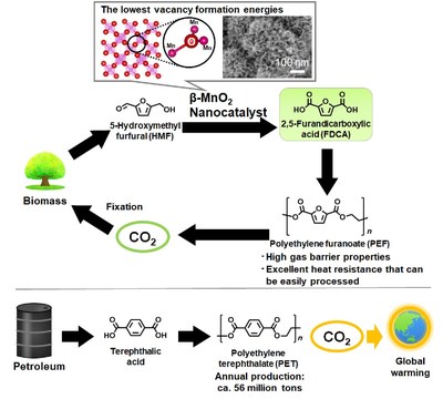 Synthetic routes to PEF from biomass resources and to PET from fossil resources: Replacing fossil based PET, known as raw material of soft drink bottles, with bio-based PEF largely contributes to reduction of CO2 emissions.
