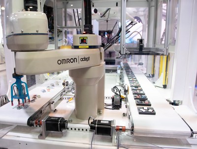 The OMRON Factory Harmony exhibit at CES 2019 features pick and place technology that manages fine detail work with speed and accuracy. The exhibit demonstrates how humans and machines can work together to meet the demands of modern manufacturing. The OMRON Factory Harmony exhibit at CES 2019 features pick and place technology that manages fine detail work with speed and accuracy. The exhibit demonstrates how humans and machines can work together to meet the demands of modern manufacturing.