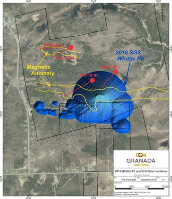 Location of drill holes reported here, 2018 Whittle Pit, and Magnetic Anomalies (CNW Group/Granada Gold Mine Inc.)