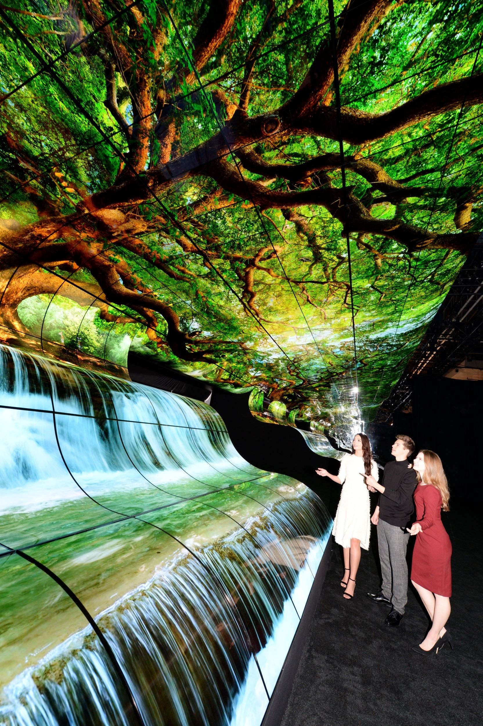 Visitors surrounded by a curved OLED waterfall and forest canopy at LG’s CES exhibit.