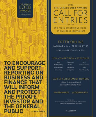 The Gerald Loeb Awards open the 2019 Call for Entries to recognize the best in business journalism. Enter online between January 9 - February 13 at http://bit.ly/loeb2019