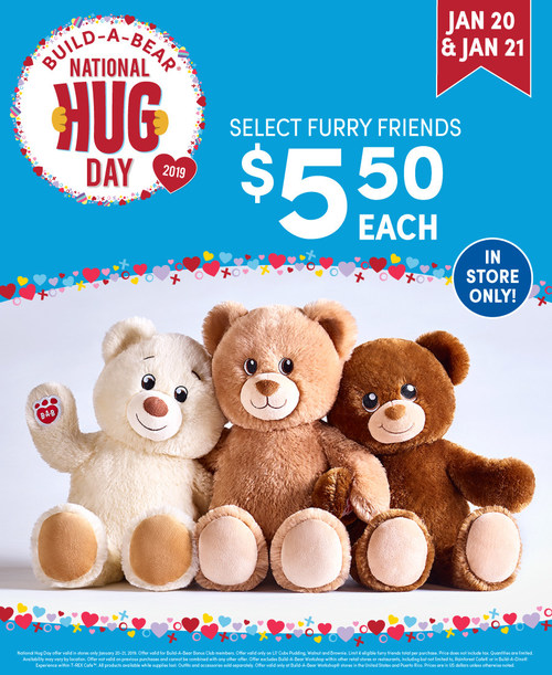 This National Hug Day (Jan. 21), Build-A-Bear Workshop® is spreading heart, hugs and happiness with a special two-day deal during which Guests can make their own Lil’ Cub® teddy bear—and make a wish on a colorful, limited-edition heart before placing it inside—for just $5.50 USD /$5.50 CAD/£5.50 GBP/€5.50 IEP/59kr DKK each, in U.S., U.K., Canada, Ireland and Denmark stores Jan. 20 and 21*!