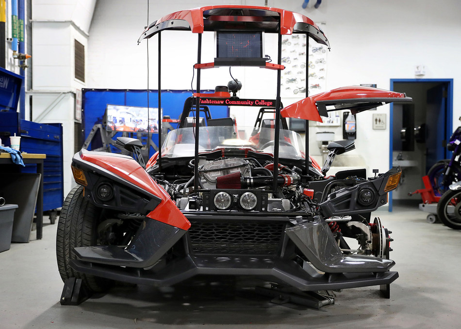 This customized Polaris Slingshot is in Washtenaw Community College's Automobili-D exhibit at the North American International Auto Show on Jan. 14-17. Each modification highlights different skills and technologies being taught on campus.