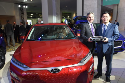 William Lee (right), president & CEO, Hyundai North America and Brian Smith (left), chief operating officer, Hyundai Motor America, celebrate after the 2019 Hyundai Kona and Kona Electric CUV models win the 2019 North American Utility Vehicle of the Year™ awarded by the North American Car, Utility and Truck of the Year automotive media jury. This is the first time that a Hyundai CUV model has won the Utility Vehicle of the Year category. The winner of the CUV category is announced every year at the North American International Auto Show in Detroit.