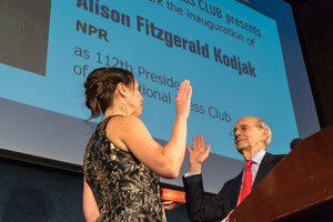 Supreme Court Justice Stephen Breyer administers oath of office to the National Press Club's 112th President, NPR's Alison Fitzgerald Kodjak, at inaugural gala