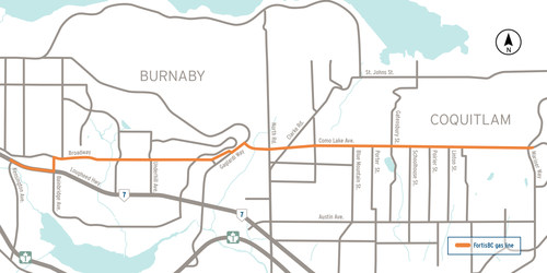 The FortisBC Gas Line Upgrades 2019 route, showing where construction will occur in Burnaby and Coquitlam this year. (CNW Group/FortisBC)