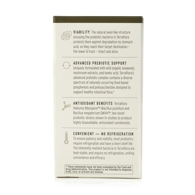 Terraflora™ has a natural seed-like structure that encases the probiotic bacteria and protects against degradation by stomach acid, so they reach their target destination – intact and alive. The inherently resilient bacteria survive the GI tract, are heat-stable and require no refrigeration—uniting convenience and efficacy. Terraflora is designed to nurture and support the center of wellness—the human gut.