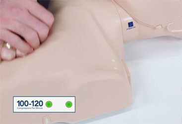 Prestan's Professional Adult CPR/AED Training Manikin with Monitor provides real-time visual feedback with lights in the shoulder area of the manikin that builds student confidence by providing feedback rates in steps. Then, when compressions are 100 to 120 per minute, two green lights appear. If the upper limit of 120 compressions per minute is exceeded, a yellow flashing light will flash on and off Prestan's Professional Adult CPR/AED Training Manikin with Monitor provides real-time visual feedback with lights in the shoulder area of the manikin that builds student confidence by providing feedback rates in steps. Then, when compressions are 100 to 120 per minute, two green lights appear. If the upper limit of 120 compressions per minute is exceeded, a yellow flashing light will flash on and off