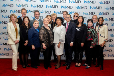 Winners and presenters at the 2019 WebMD Health Hero Awards event in New York City. Left to right: Amy Robach, Bob Brisco, Elizabeth Jaffee, Lillie Shockney, William Nelson, Judy Ochs, Margaret Cuomo, Joan Lunden, Karen Winkfield, Rufus Wainwright, Clifford Hudis, Sandra Lee, Sung Poplete, Kathy Bates, James Allison, and Padmanee Sharma at the 2019 WebMD Health Hero event in New York City