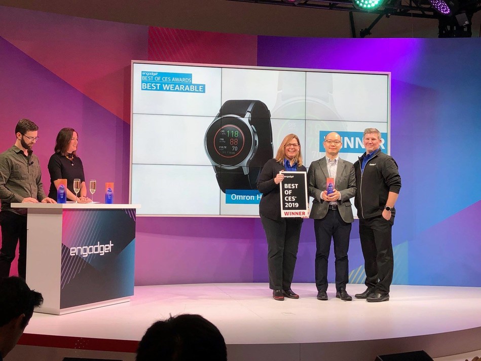 Omron HeartGuide- a wearable blood pressure monitor in the design of a wrist watch- was awarded Engadget's "Best of CES" award for best wearable.