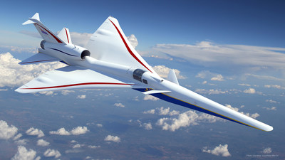 The X-59 Quiet Supersonic Technology (QueSST) aircraft is being developed by Lockheed Martin for NASA to collect data that could make supersonic commercial travel over land possible through low sonic boom technology. (Image courtesy of Lockheed Martin.)