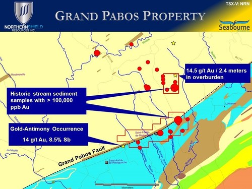 Significant historic gold anomalous stream sediment samples (red circles) from the Grand Pabos Property area. (CNW Group/Northern Shield Resources Inc.)