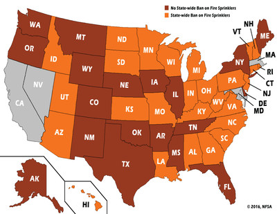 Map showing the states with great success in passing lifesaving fire
sprinkler codes (brown), while others were hampered by anti-sprinkler-code forces (orange).