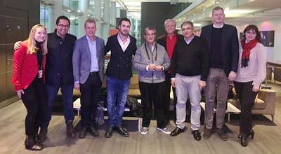 Pictured from left are ViewLift's Elle Leonsis, Manik Bambha, Mark Lawson, Fabio Gallo, Ted Leonsis, Rick Allen and European basketball guests
